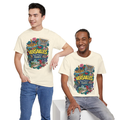 Natural cream crew-neck T-shirt with centered colorful Versailles illustrated front graphic