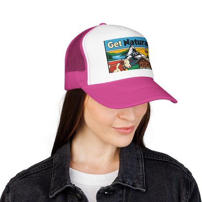 Pink and white trucker hat with front logo patch and curved brim, snapback style