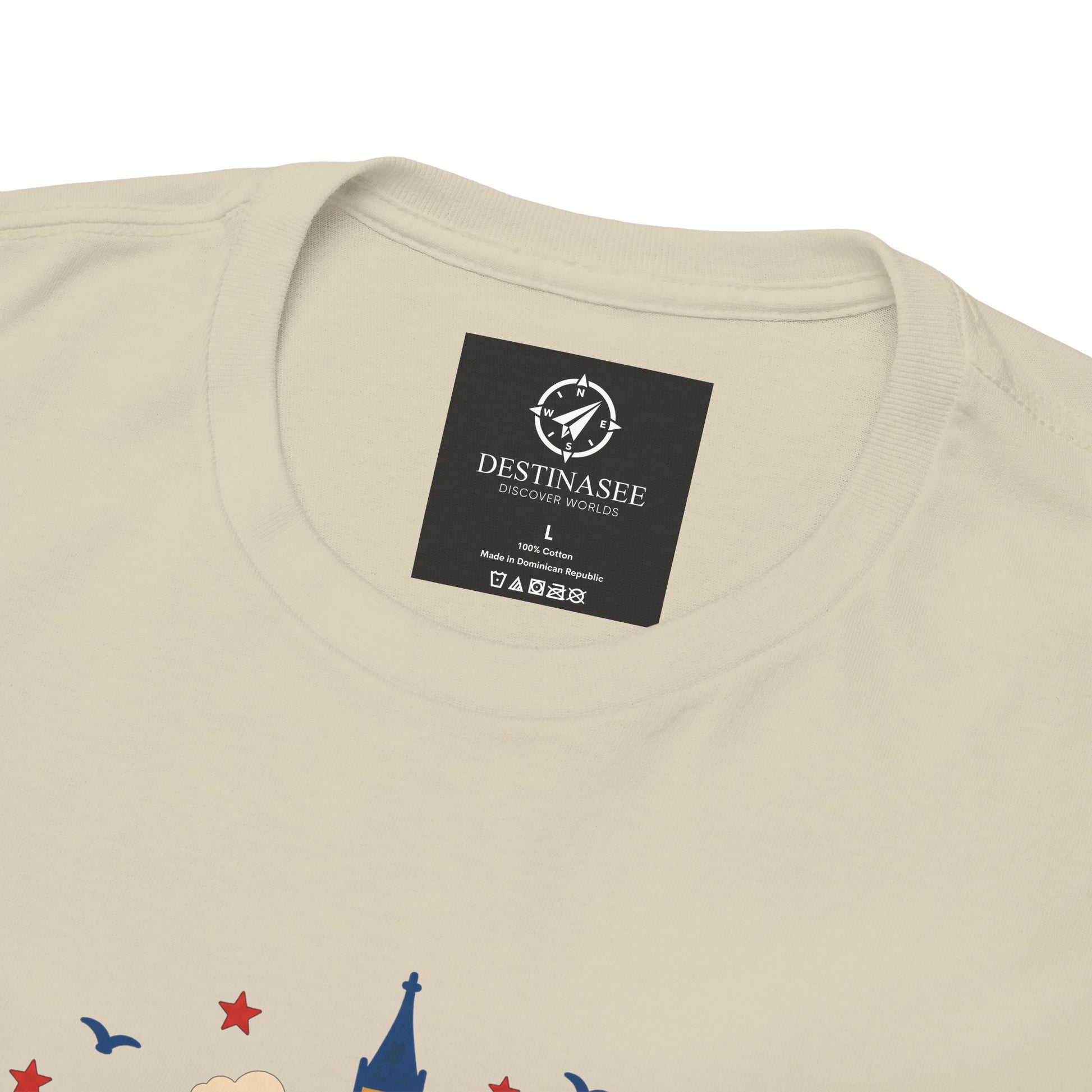 Natural T-shirt neckline with small back label and partial skyline graphic