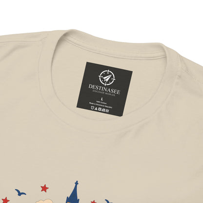Natural T-shirt neckline with small back label and partial skyline graphic
