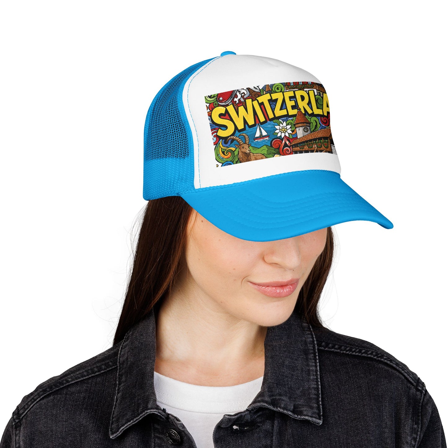 Trucker hat with light blue mesh, white front panel, blue brim, and colorful Switzerland patch