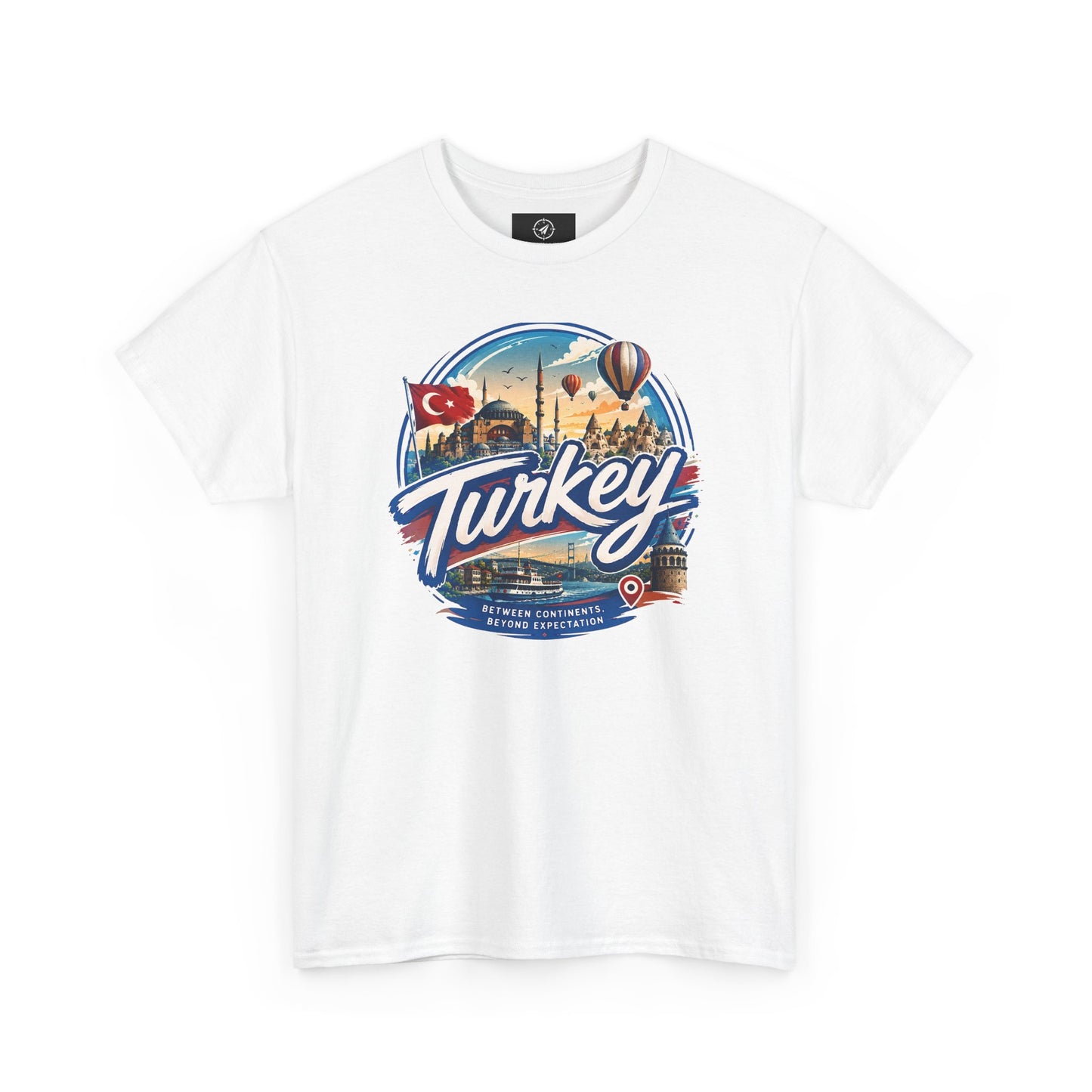 White crew-neck T-shirt with “Turkey” travel emblem graphic on the front