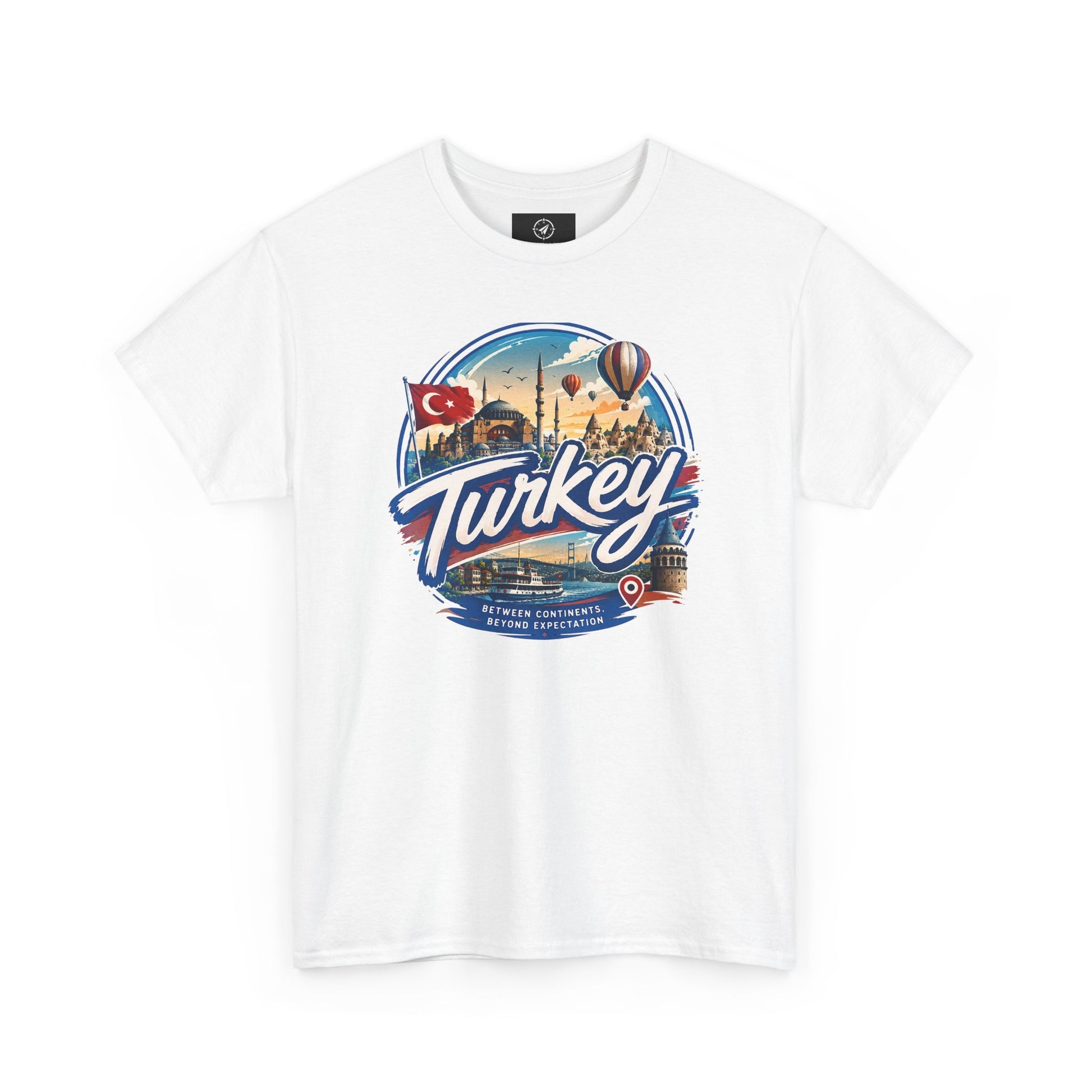 White crew-neck T-shirt with “Turkey” travel emblem graphic on the front