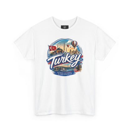 White crew-neck T-shirt with “Turkey” travel emblem graphic on the front