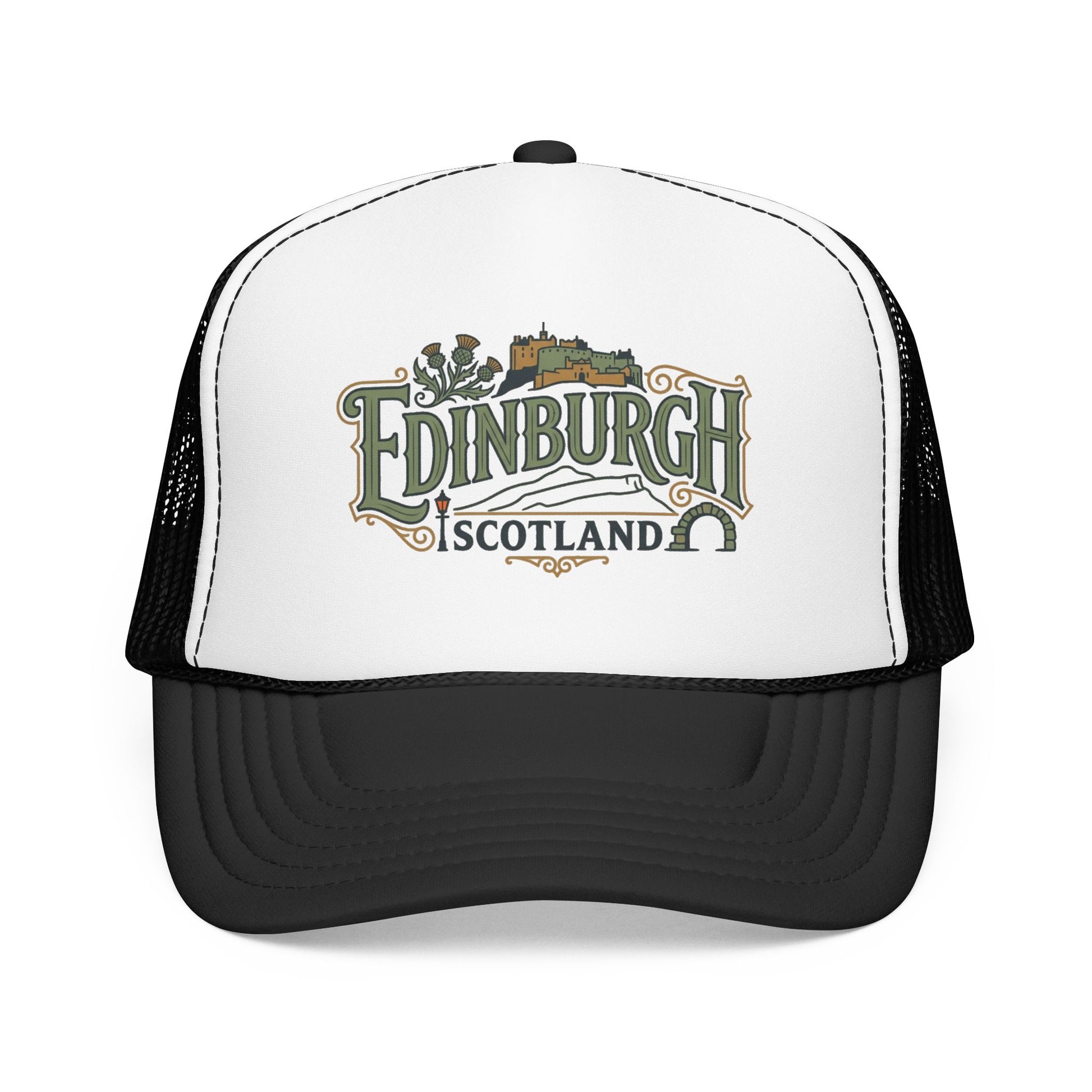 White trucker hat with black mesh back and Edinburgh Scotland logo