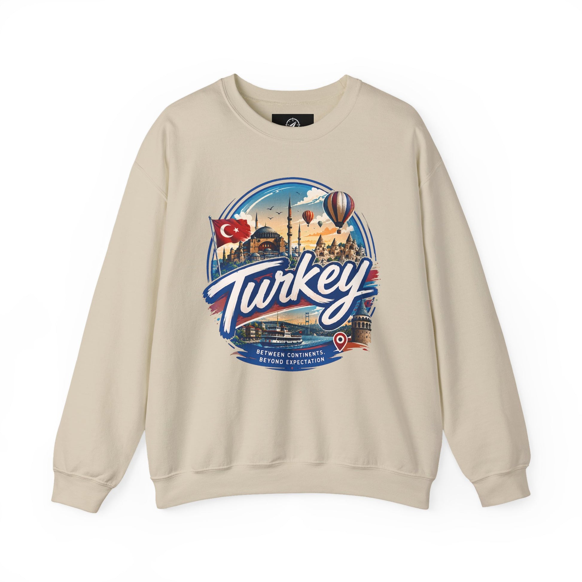 Sand-colored crewneck sweatshirt with retro “Turkey” graphic on the chest