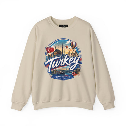 Sand-colored crewneck sweatshirt with retro “Turkey” graphic on the chest