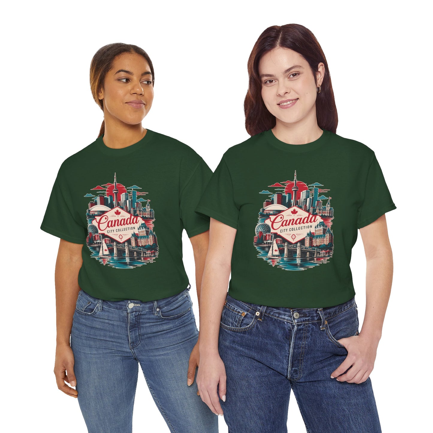 Green T-shirt with retro Canada skyline graphic on front, crew neck, short sleeves.