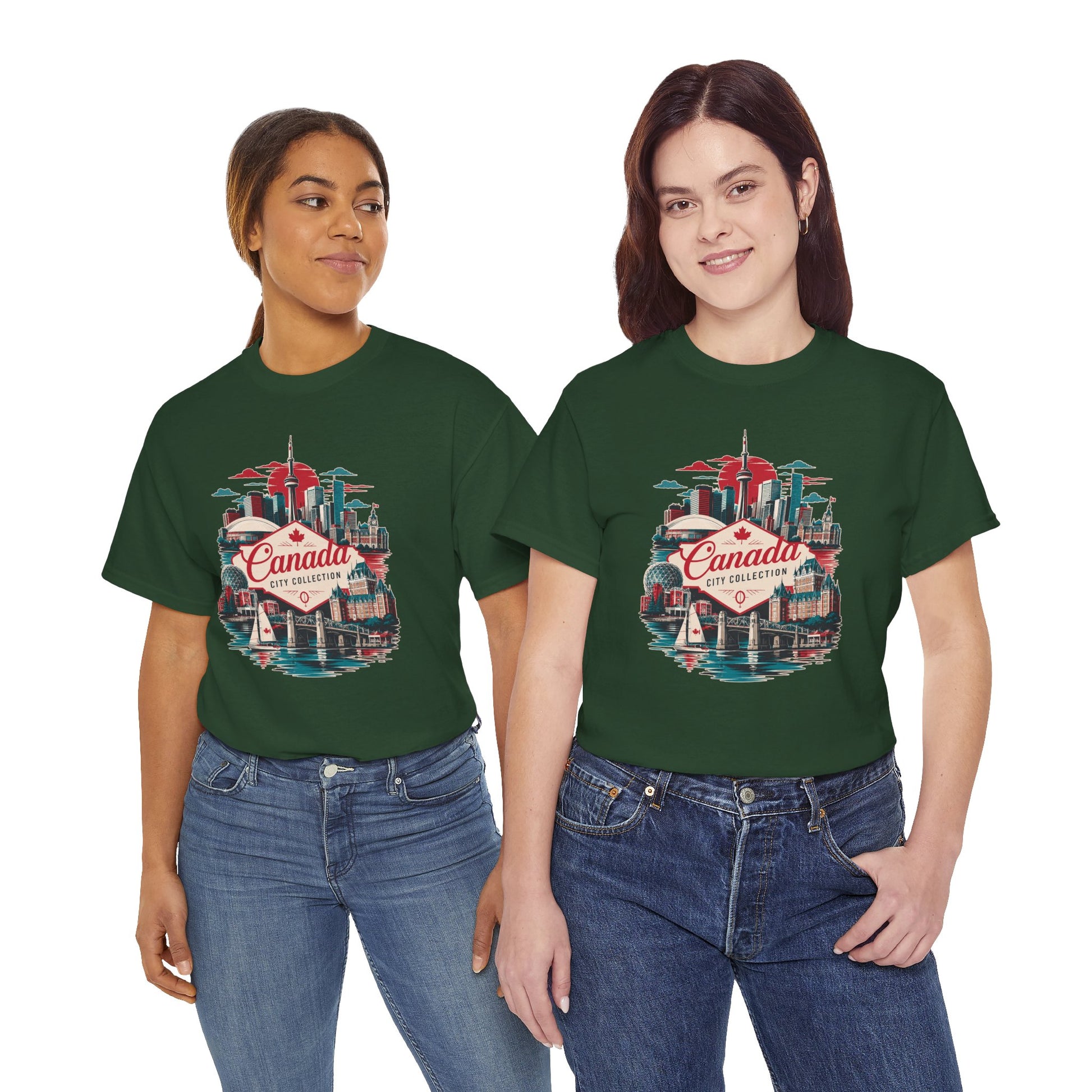 Green T-shirt with retro Canada skyline graphic on front, crew neck, short sleeves.