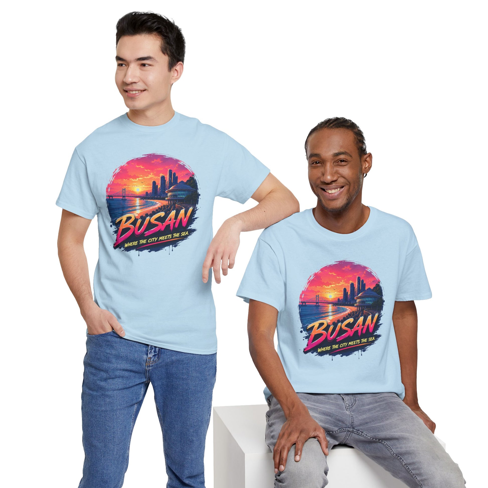 Light blue graphic t-shirt with Busan sunset seaside print, crew neck and short sleeves