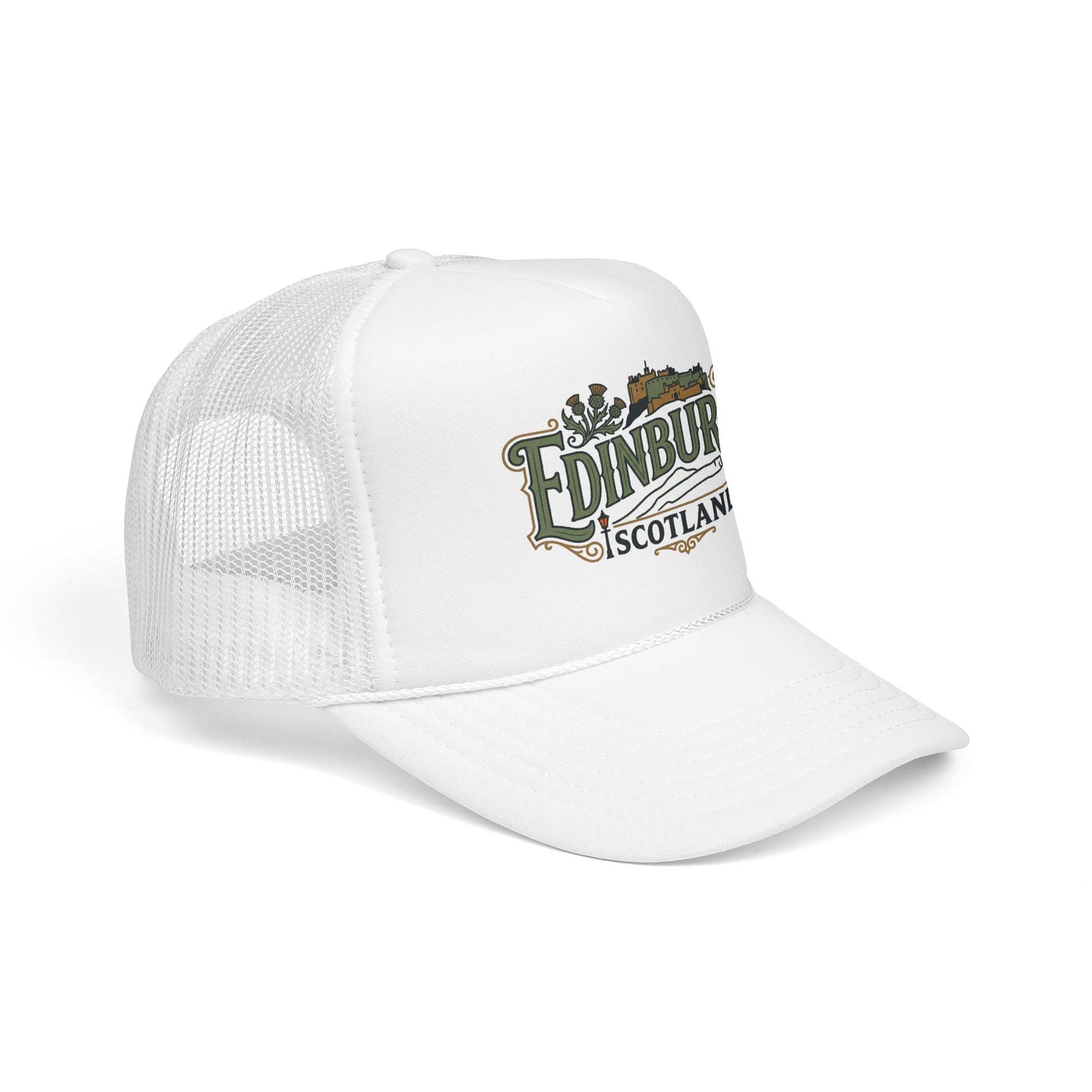 Edinburgh Scotland trucker hat, white mesh back and white cap with front logo