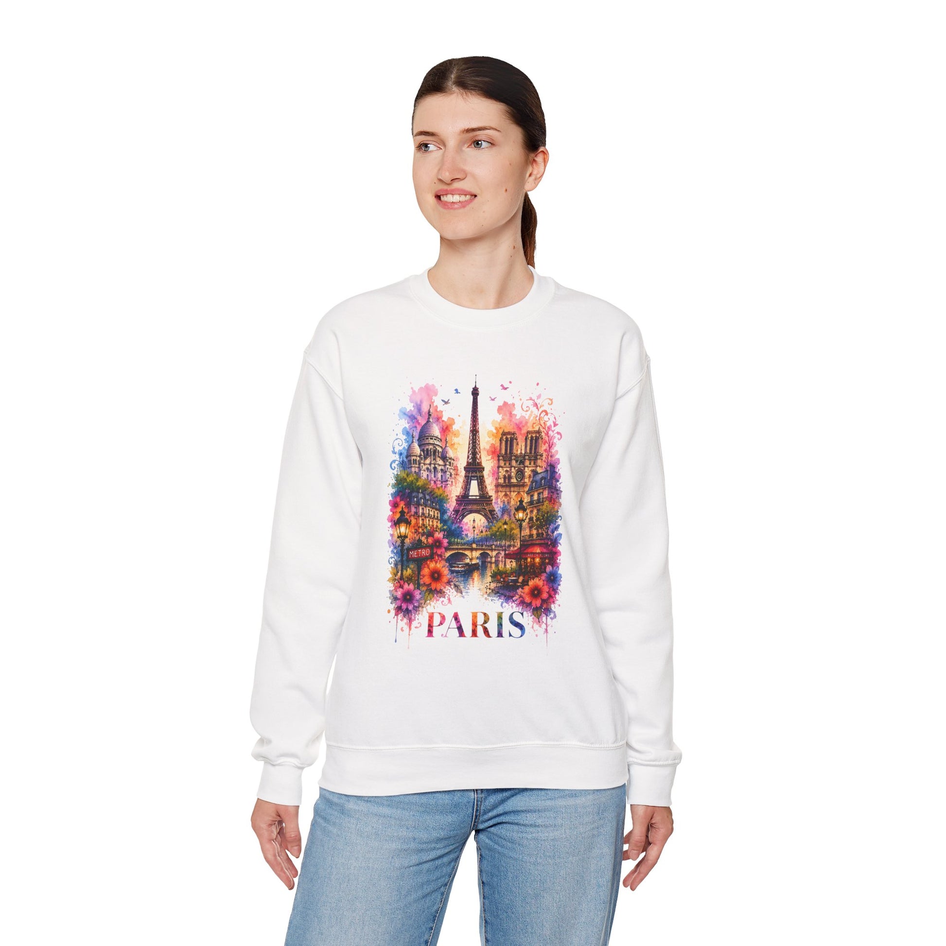 White sweatshirt with colorful Eiffel Tower floral graphic and "PARIS" text on front
