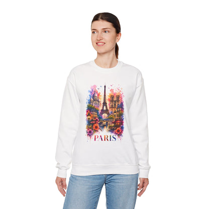 White sweatshirt with colorful Eiffel Tower floral graphic and "PARIS" text on front