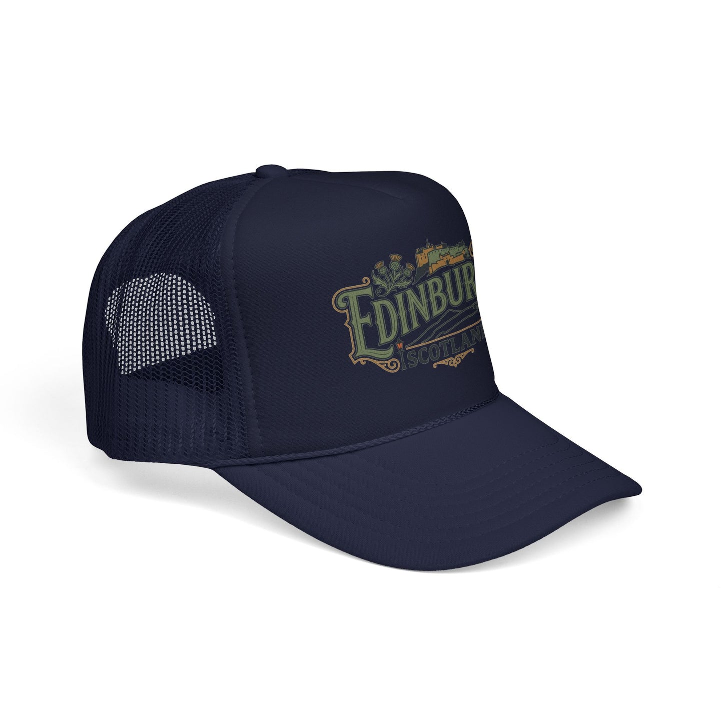Navy trucker hat with mesh side panels and Edinburgh Scotland logo front.