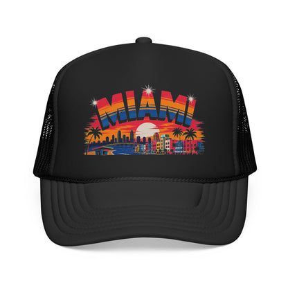 Black trucker hat with Miami sunset skyline graphic on front