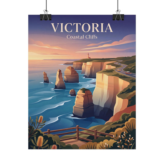 Rolled Australia coastal cliffs poster with lighthouse, ocean waves, and sunset sky