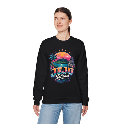 Black graphic sweatshirt with colorful JEJU Island front print