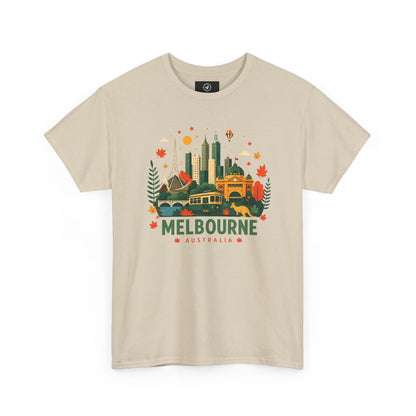 Tan T-shirt with Melbourne skyline and colorful autumn front graphic