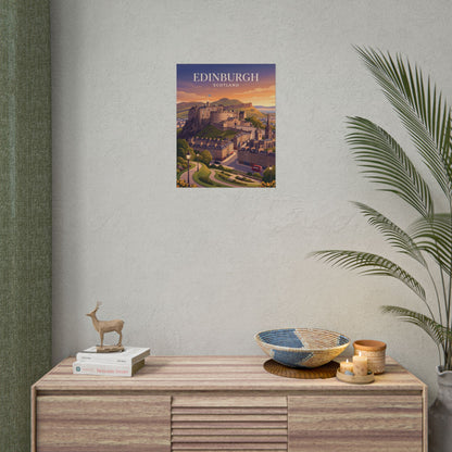 Small vertical Edinburgh Scotland poster on wall with castle skyline and sunset sky