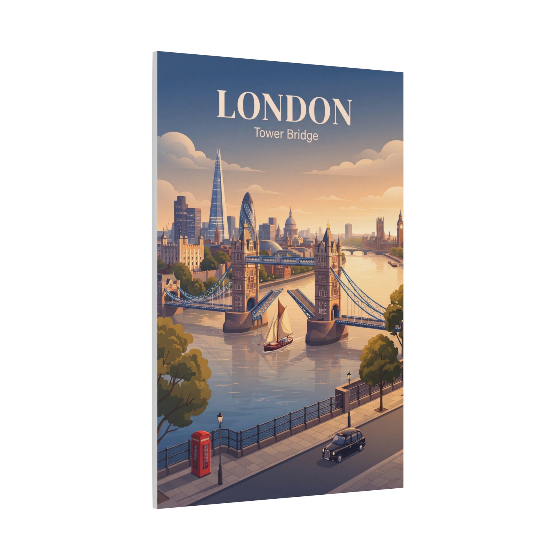 Matte canvas wall art with London Tower Bridge skyline, “LONDON” lettering at top