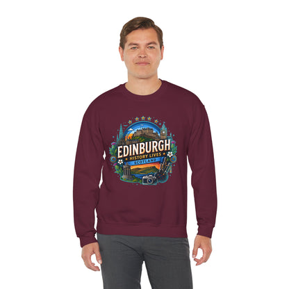 Maroon crewneck sweatshirt with colorful Edinburgh graphic on front