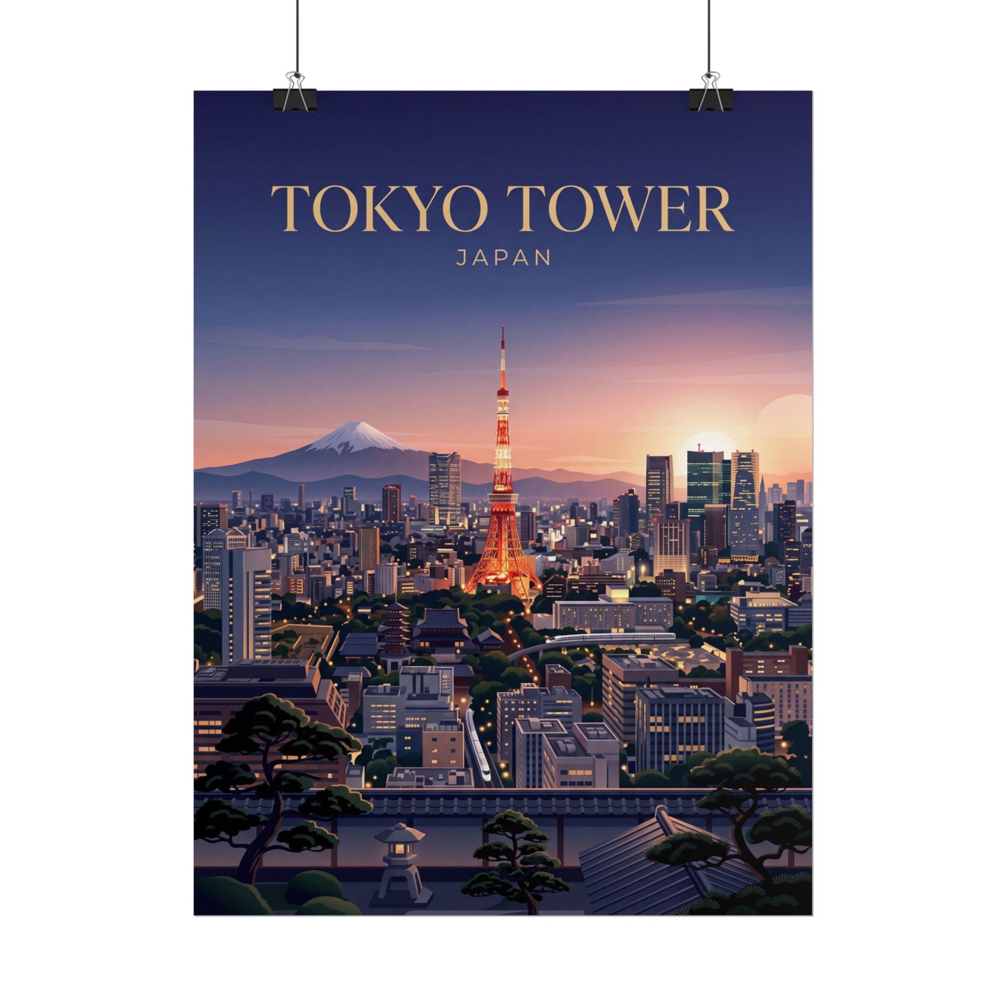 Tokyo Tower cityscape rolled poster hanging, dark blue sky, illuminated tower and buildings