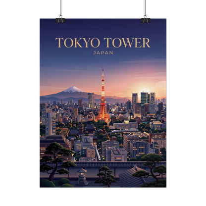 Tokyo Tower cityscape rolled poster hanging, dark blue sky, illuminated tower and buildings