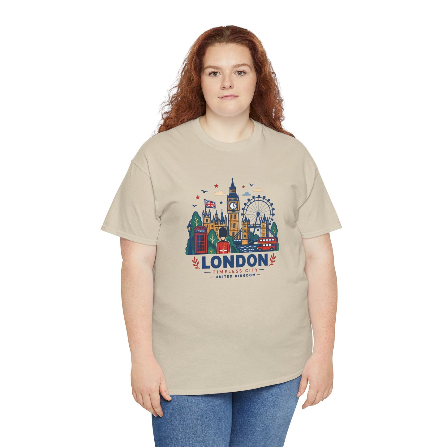 Natural London skyline T-shirt worn by woman, front city graphic