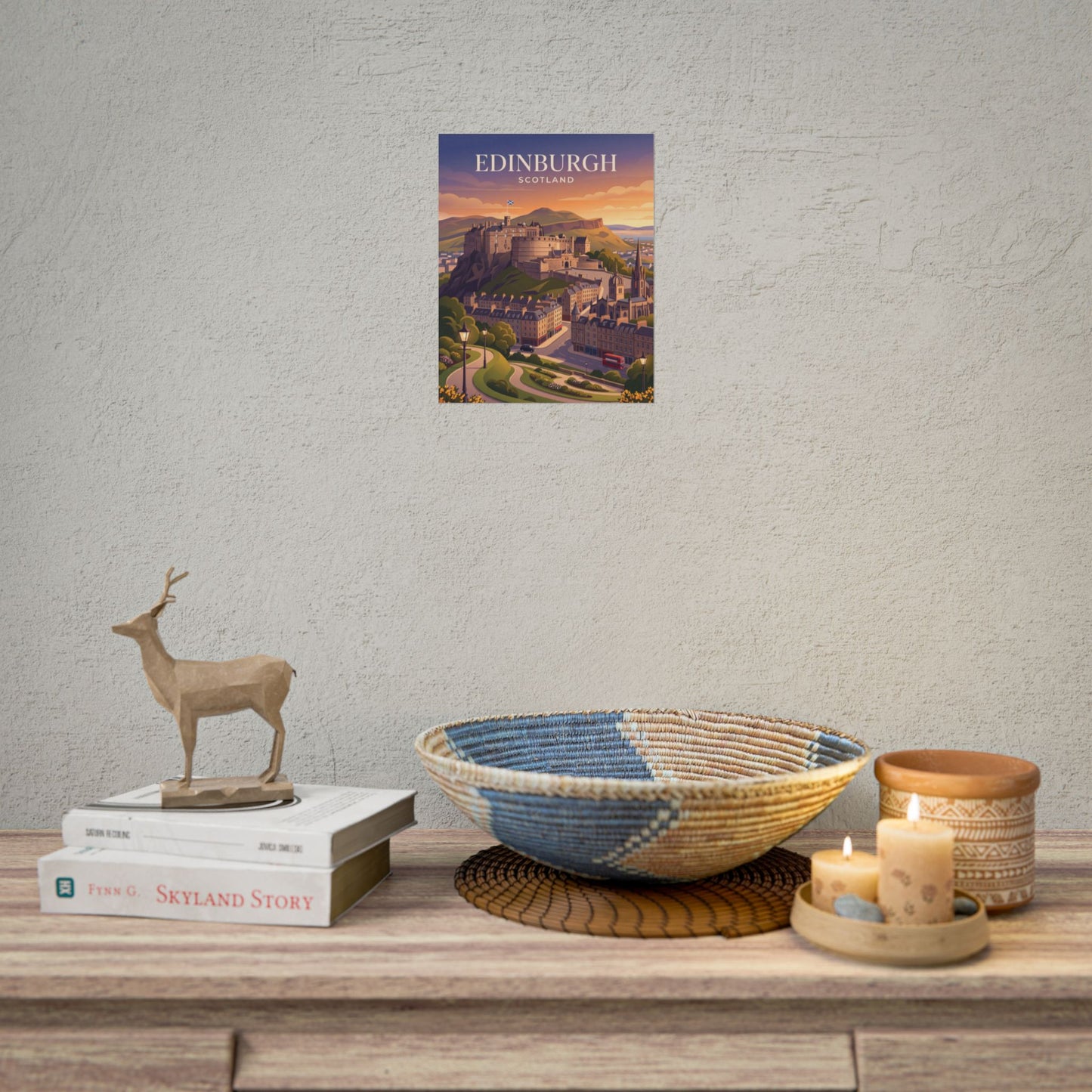 Small Edinburgh Scotland wall poster with illustrated castle cityscape and sunset title