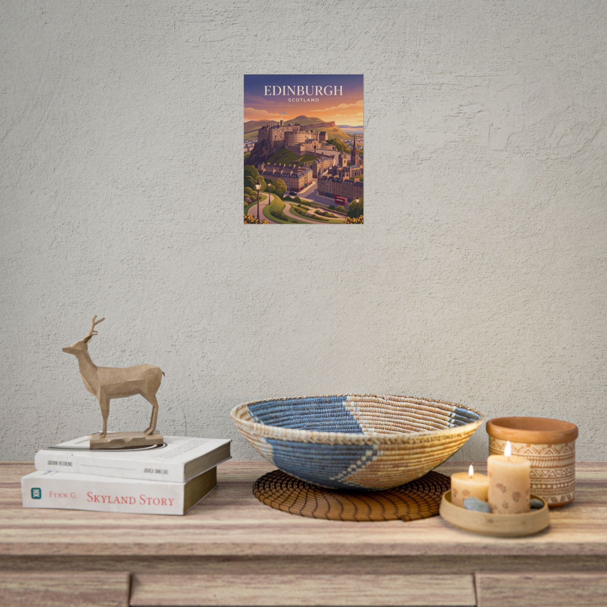 Small Edinburgh Scotland wall poster with illustrated castle cityscape and sunset title
