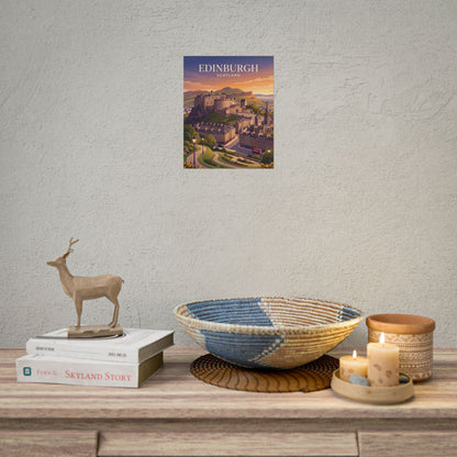 Small Edinburgh Scotland wall poster with illustrated castle cityscape and sunset title