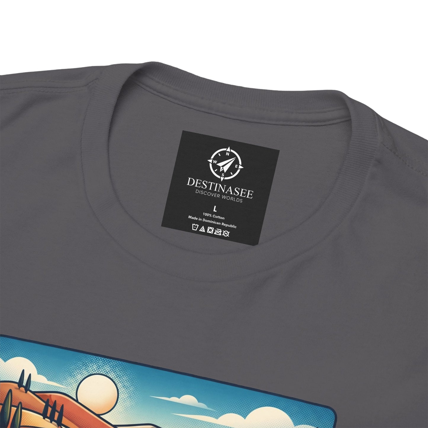 Charcoal gray T-shirt close-up: crew neckline with black logo label