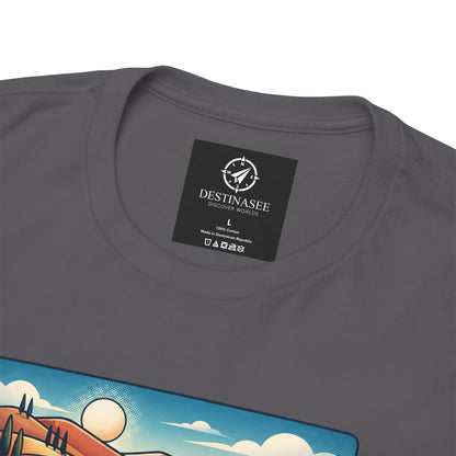 Charcoal gray T-shirt close-up: crew neckline with black logo label