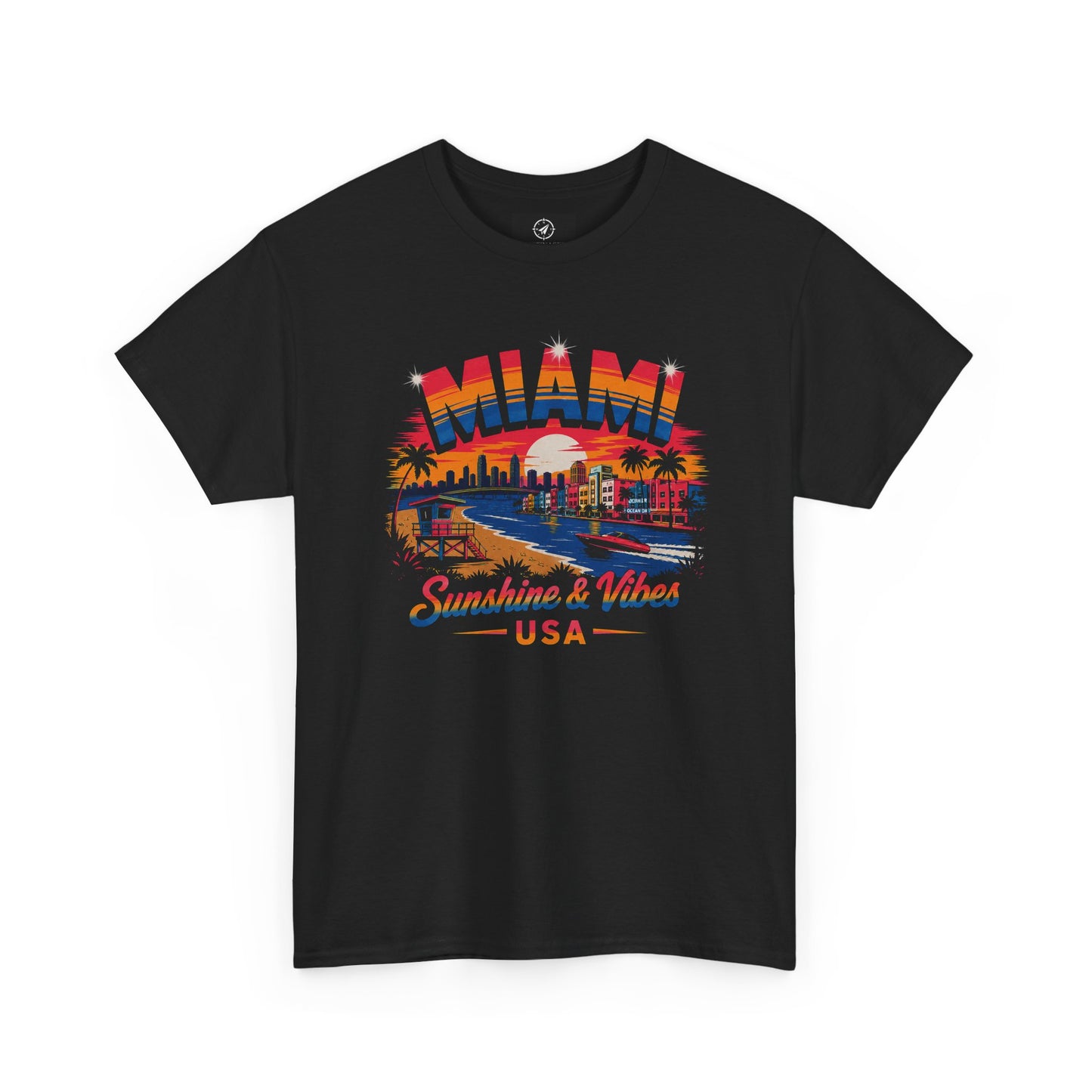Black Miami graphic T-shirt with colorful city “Sunshine & Vibes” USA front print