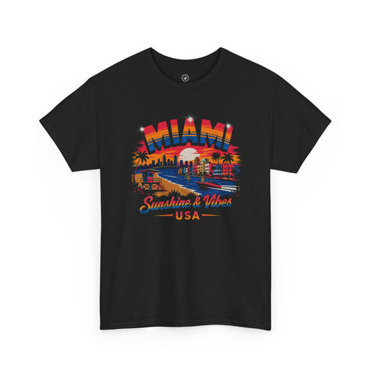 Black Miami graphic T-shirt with colorful city “Sunshine & Vibes” USA front print