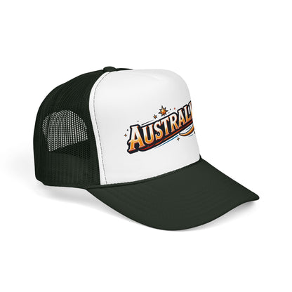 Trucker hat with white front, dark green mesh sides, and dark green curved bill