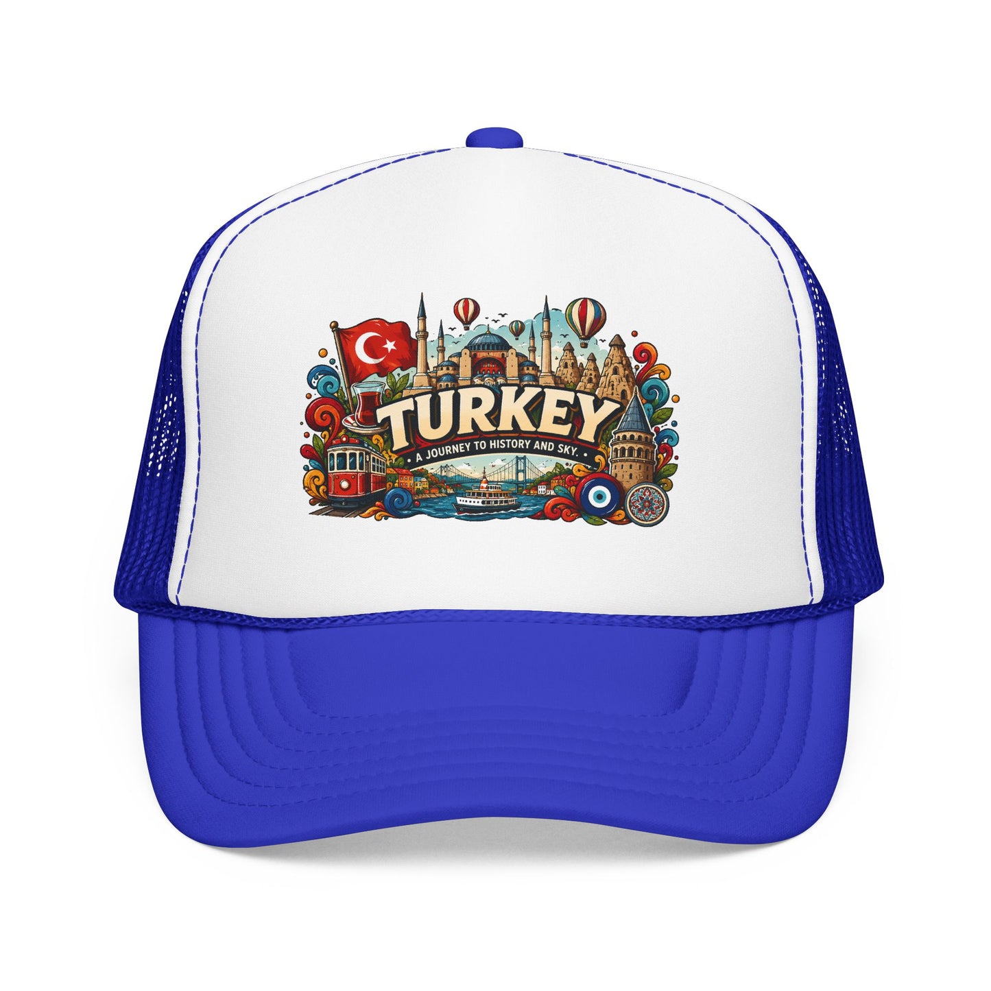 Blue and white trucker hat with colorful Turkey emblem patch on the front