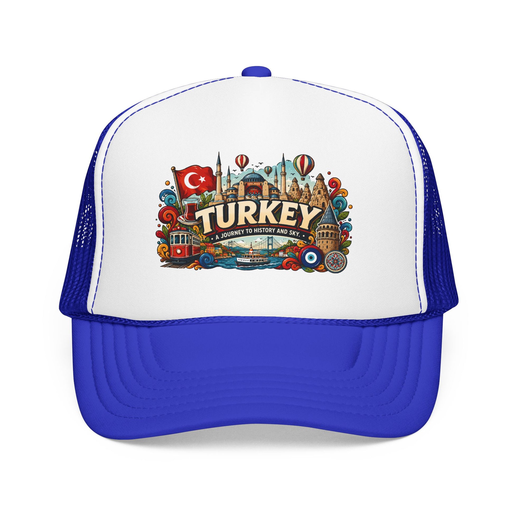 Blue and white trucker hat with colorful Turkey emblem patch on the front