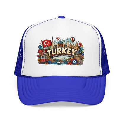 Blue and white trucker hat with colorful Turkey emblem patch on the front