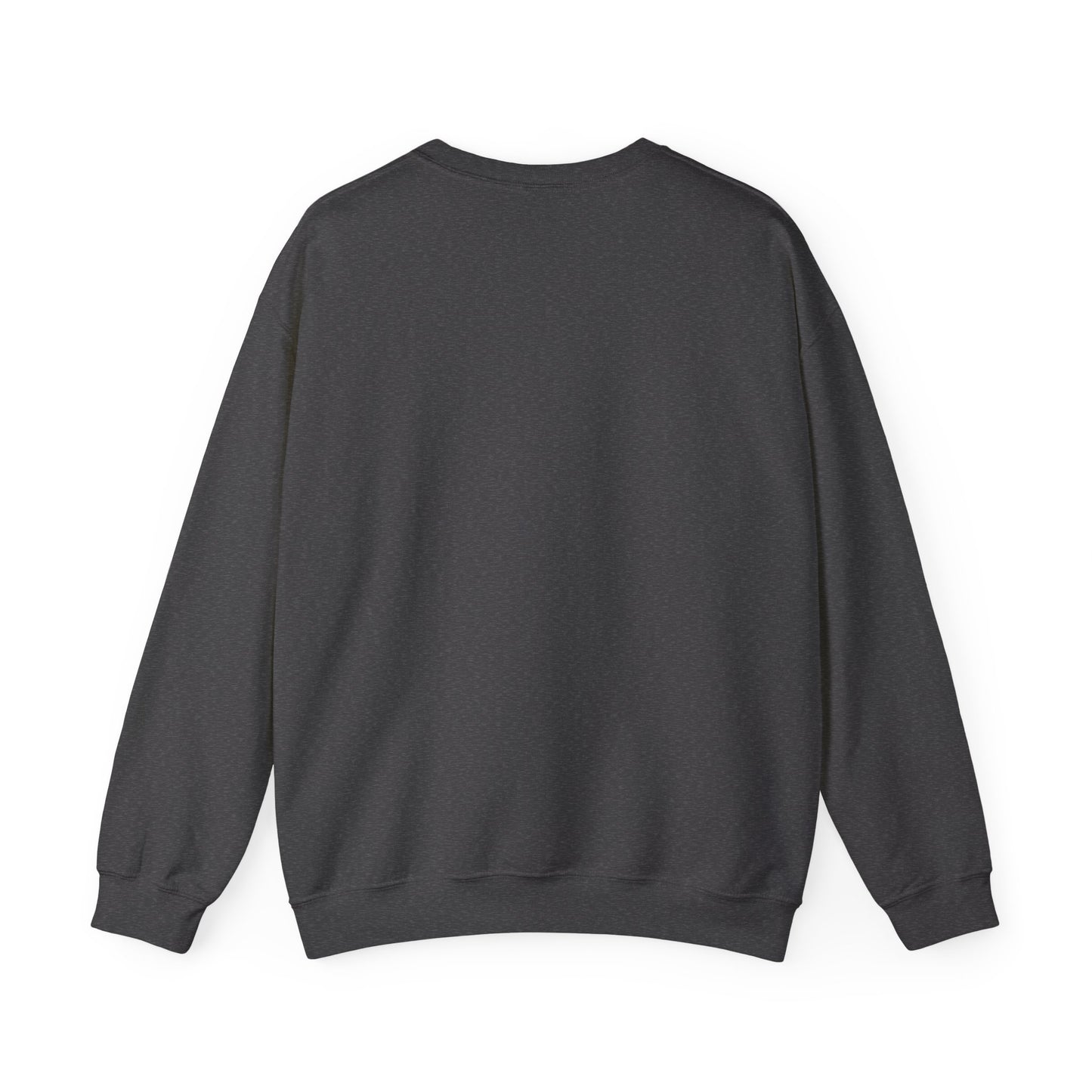 Dark gray crewneck sweatshirt, plain back view with ribbed cuffs and hem