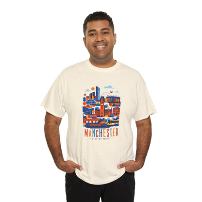 Natural crewneck t-shirt front view with colorful Manchester skyline graphic