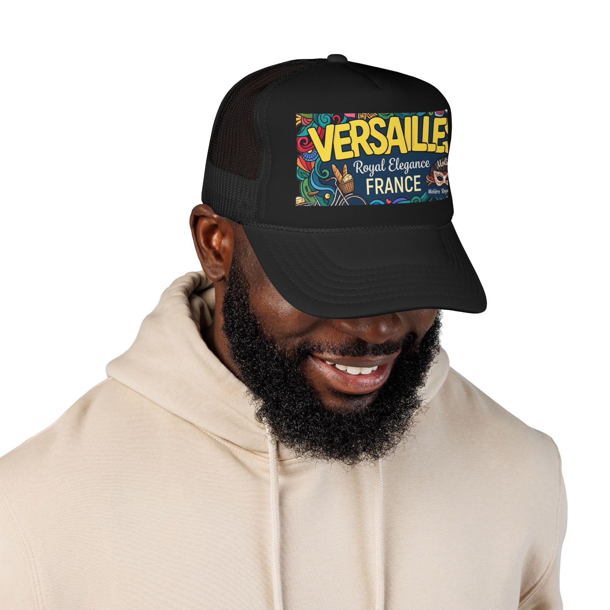All-black trucker hat with mesh back and colorful Versailles France patch