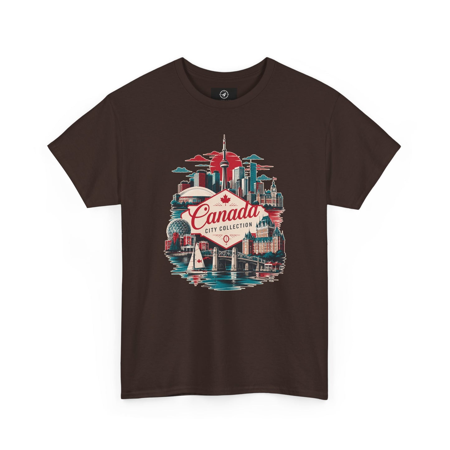 Dark brown crewneck T-shirt with front Canada City Collection skyline graphic