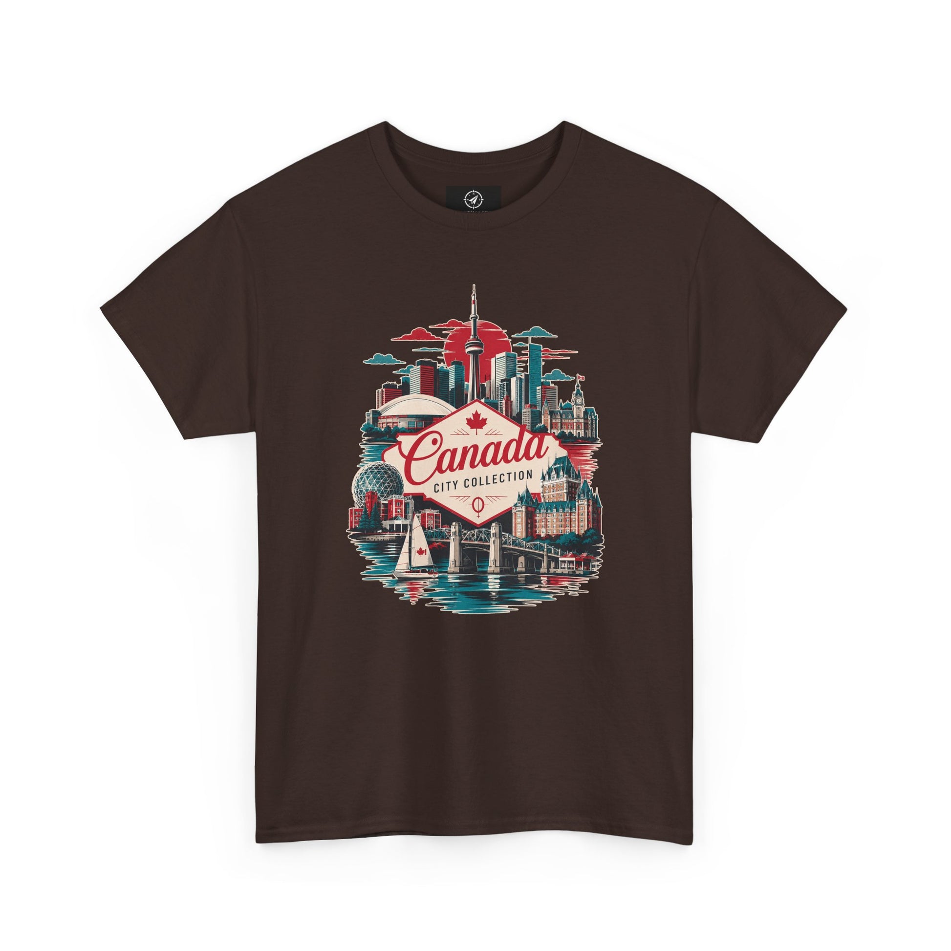 Dark brown crewneck T-shirt with front Canada City Collection skyline graphic