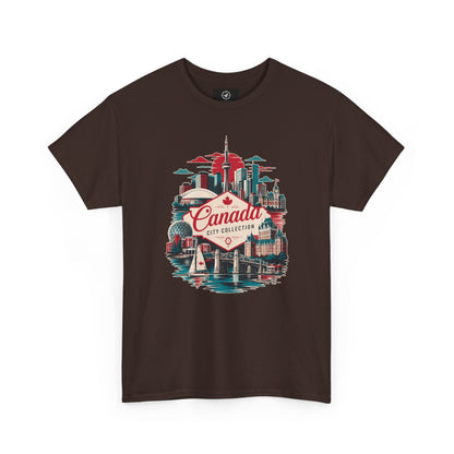Dark brown crewneck T-shirt with front Canada City Collection skyline graphic