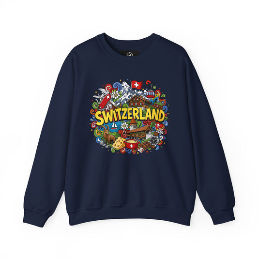 Navy sweatshirt with colorful Switzerland graphic print across the chest