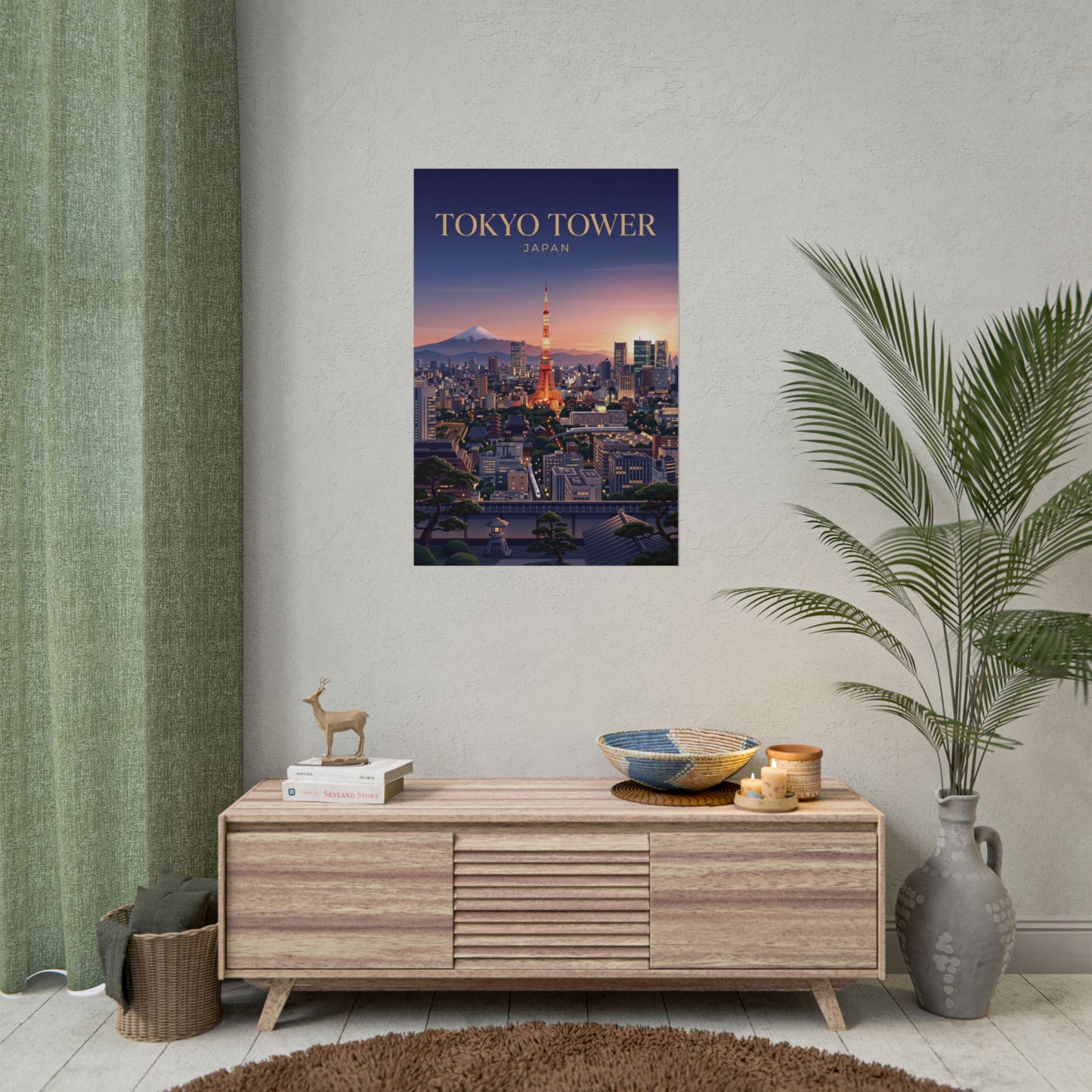 Tokyo Tower cityscape rolled poster on wall, glowing tower at center with skyline