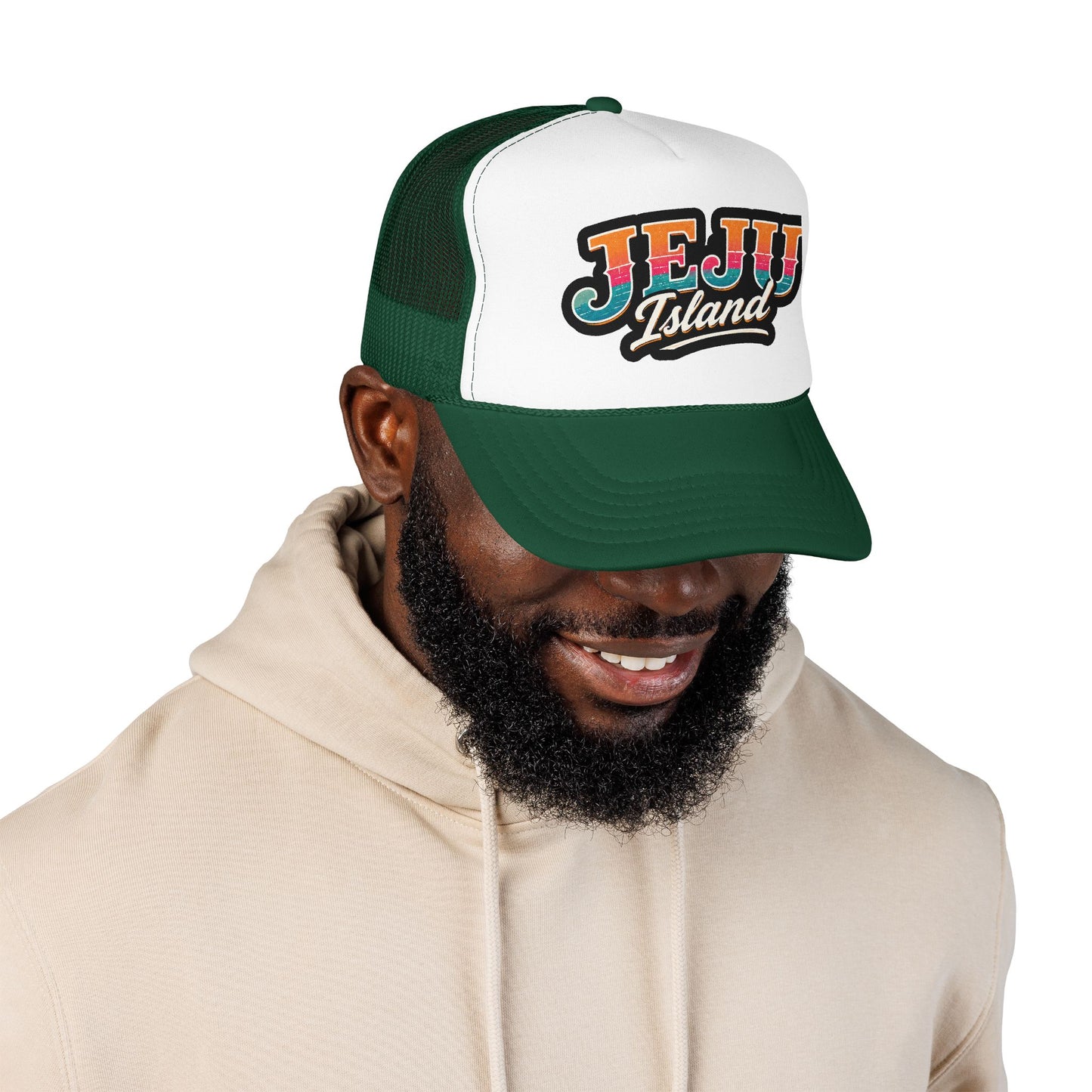 Dark green and white foam trucker hat with “JEJU Island” logo patch, curved brim