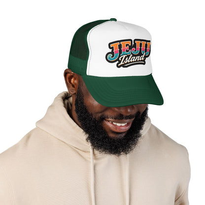 Dark green and white foam trucker hat with “JEJU Island” logo patch, curved brim