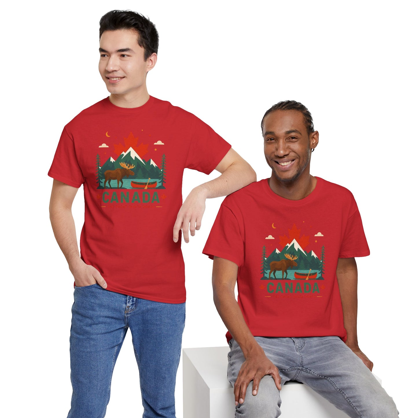 Red crew-neck T-shirt with Canada scenic wildlife graphic